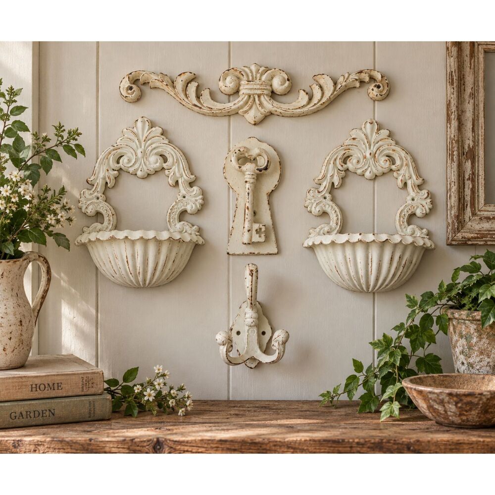 Vintage Cast Iron Wall Decor Set Ornate Cream Shabby Chic Wall Key Hooks Cottage